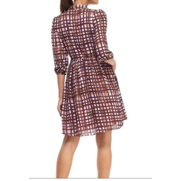 NEW Gal Meets Glam Lindsey 3/4 Slv Dress Sze 2 Windowpane Multi Tie Neck Pockets - Picture 2 of 13